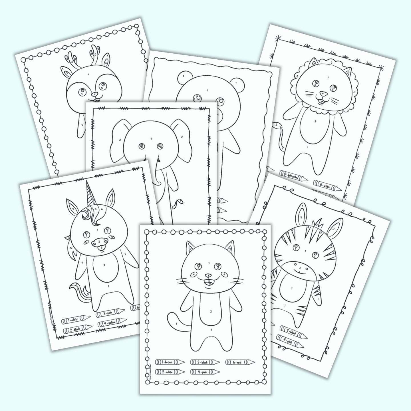 Free printable easy animal color by number pages