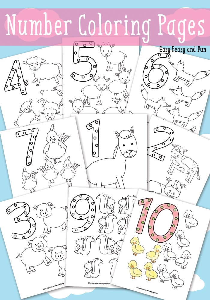 Animals number coloring pages