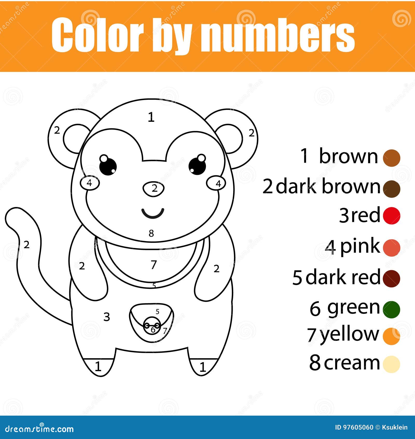 Coloring page with monkey color by numbers educational children game drawing kids activity stock vector