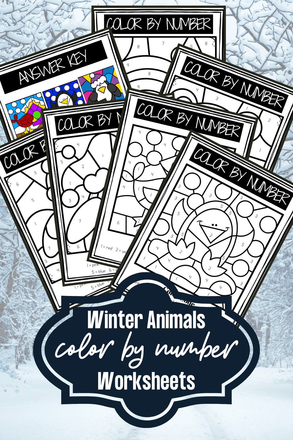 Winter animals color by number worksheets