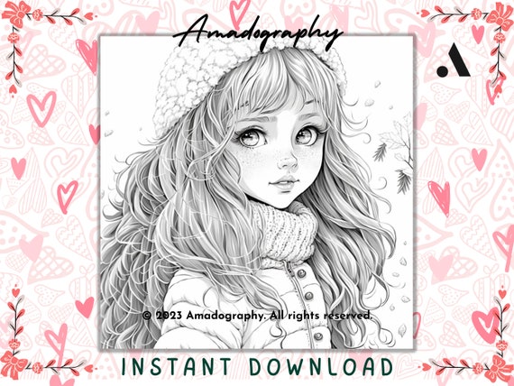 Cute anime girl coloring page printable adult coloring pages book download light dark greyscale illustration download now