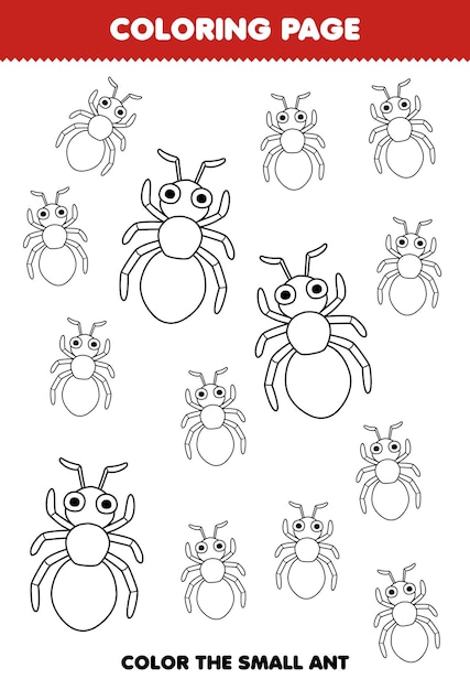 Premium vector education game for children coloring page big or small picture of cute cartoon ant line art printable bug worksheet