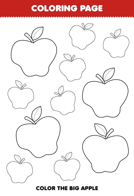 Premium vector education game for children coloring page big or small picture of cute cartoon apple fruit line art printable worksheet