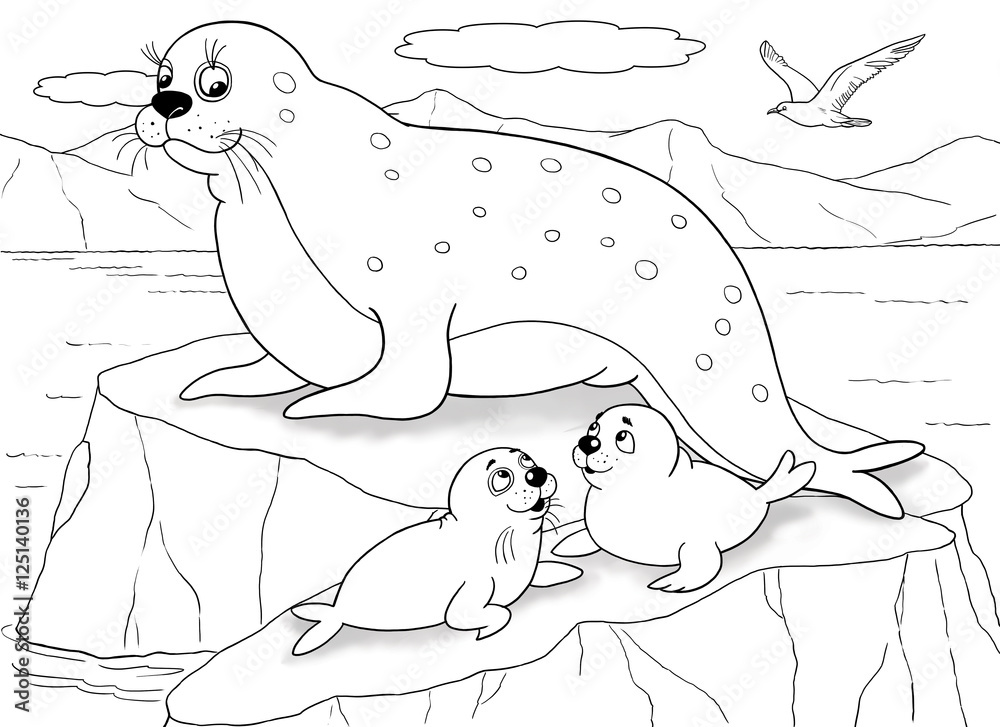 At the zoo arctic animals a cute mother seal and her babies illustration for children coloring book coloring page funny cartoon characters illustration