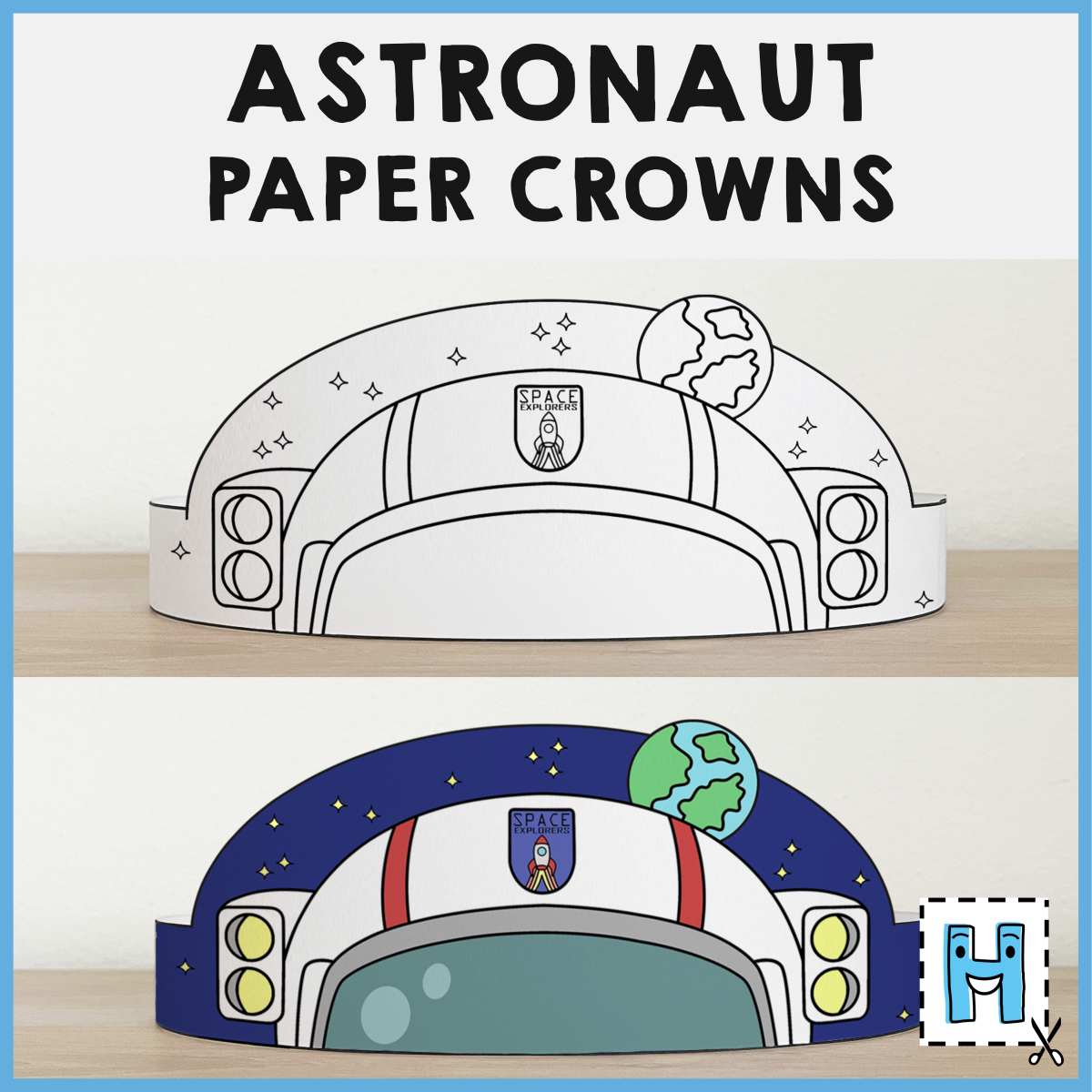 Astronaut helmet paper crowns headband printable coloring craft activity for kids made by teachers