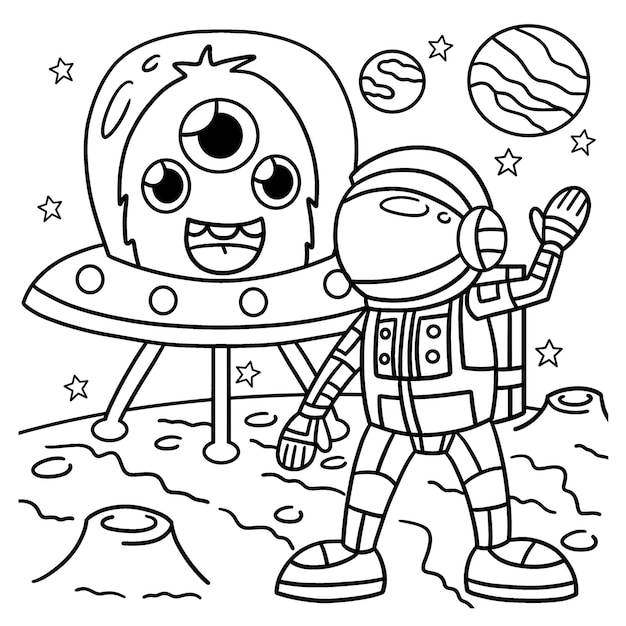 Premium vector astronaut and ufo coloring page for kids