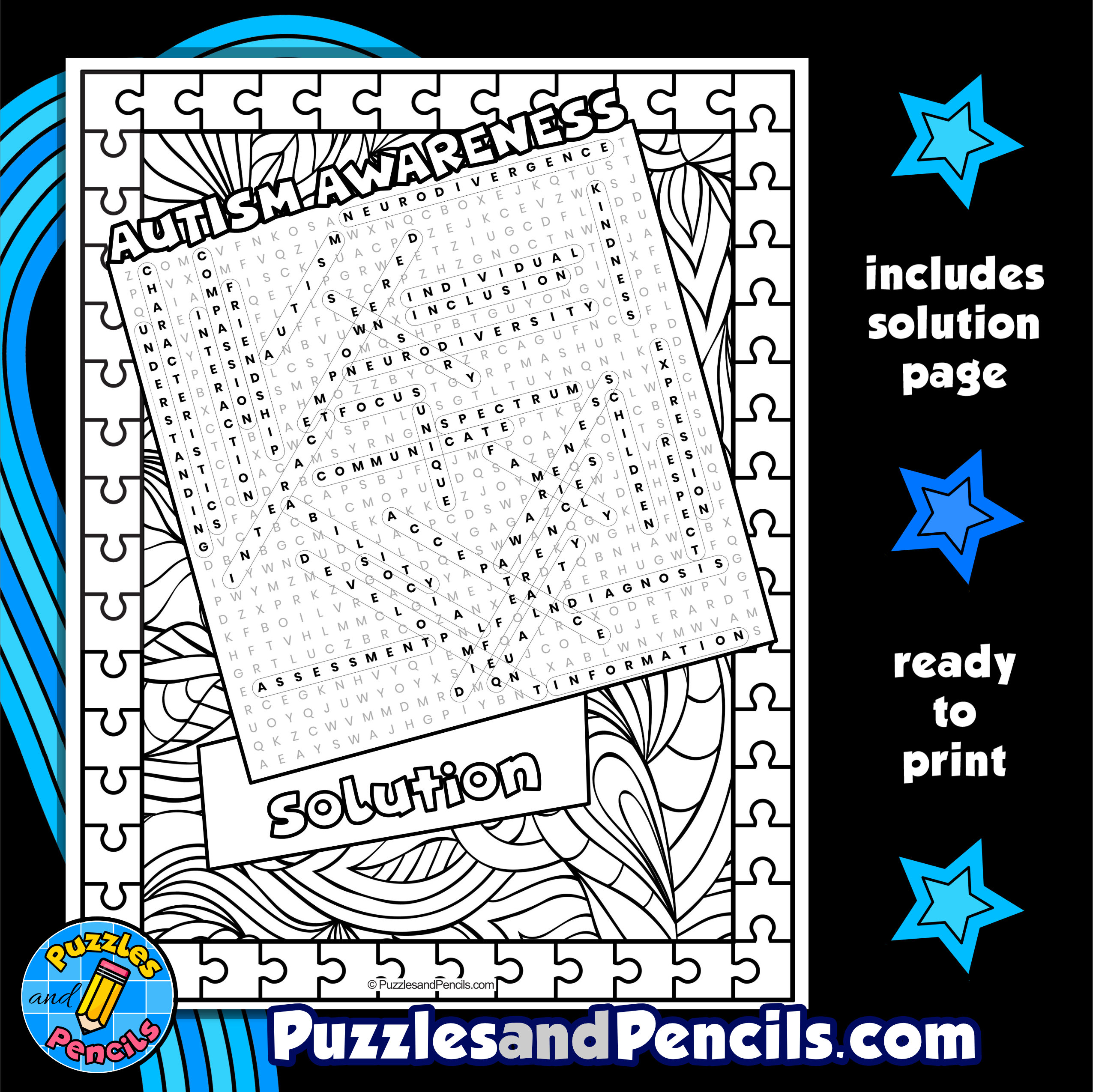 Autism awareness word search puzzle with coloring wordsearch made by teachers