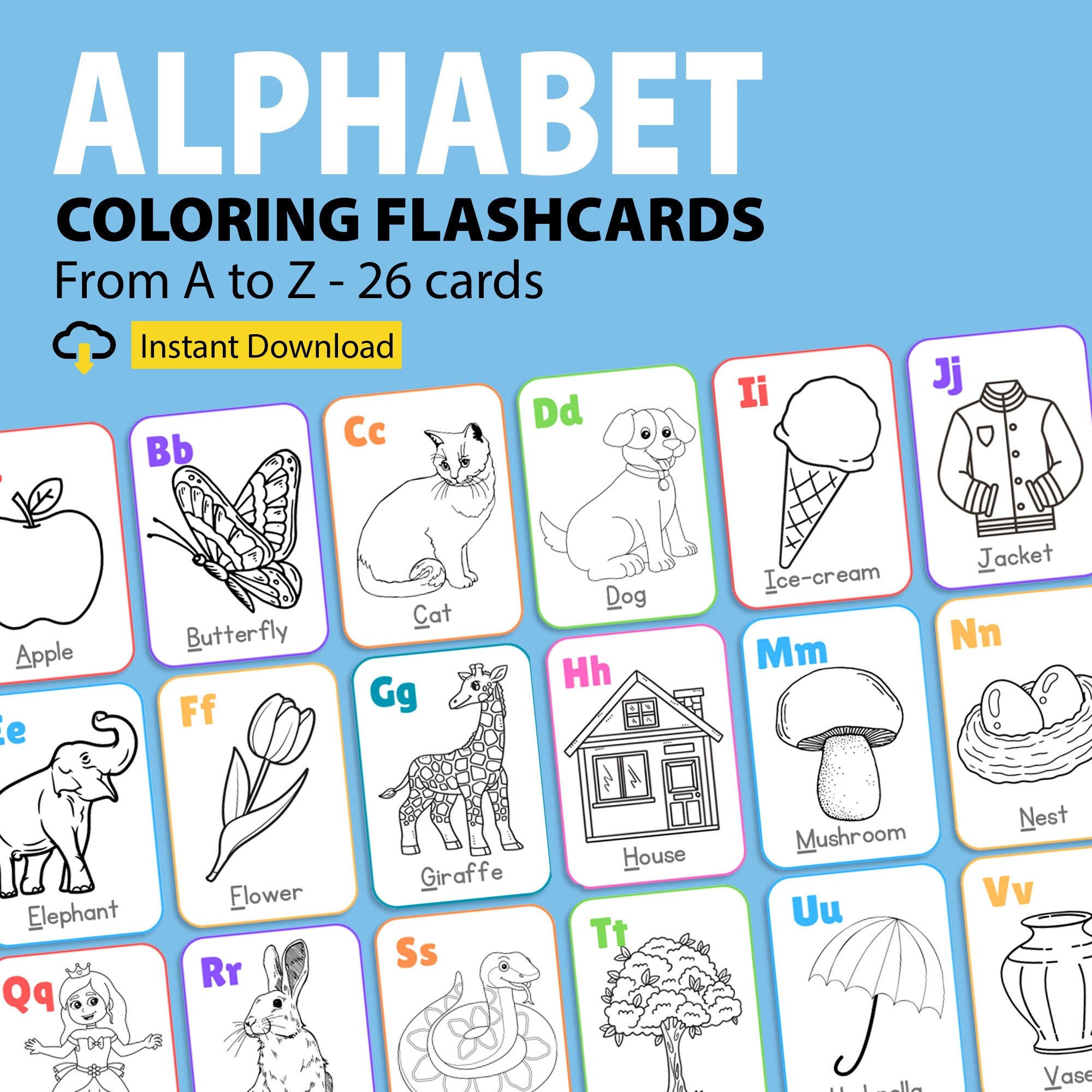 Alphabet coloring flash cards printable abc alphabet flash cards kids letters card set educational nursery cards coloring cards download now