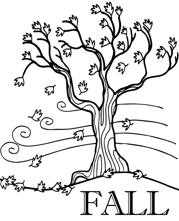 Fall printable coloring page with tree and leaves falling