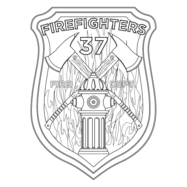 Premium vector firefighter badge coloring page firefighter axes and hydrant on shield insignia colorful vector