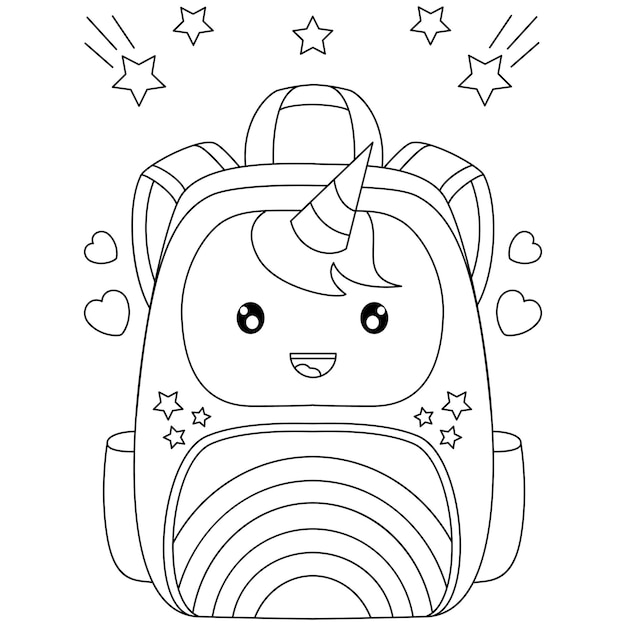 Premium vector rainbow unicorn school bag backpacks with star ornaments and coloring pages