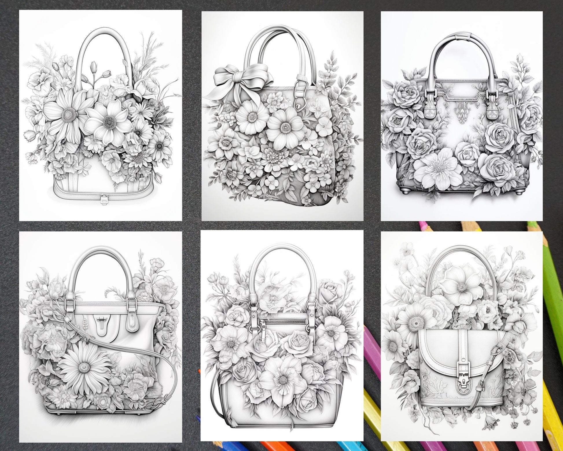 Floral handbags grayscale coloring pages for adults printable pdf â coloring