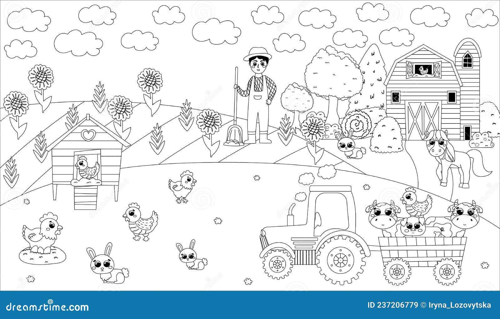 Printable black and white coloring page with farmer boy digging and tractor with animals barn and henhouse stock vector