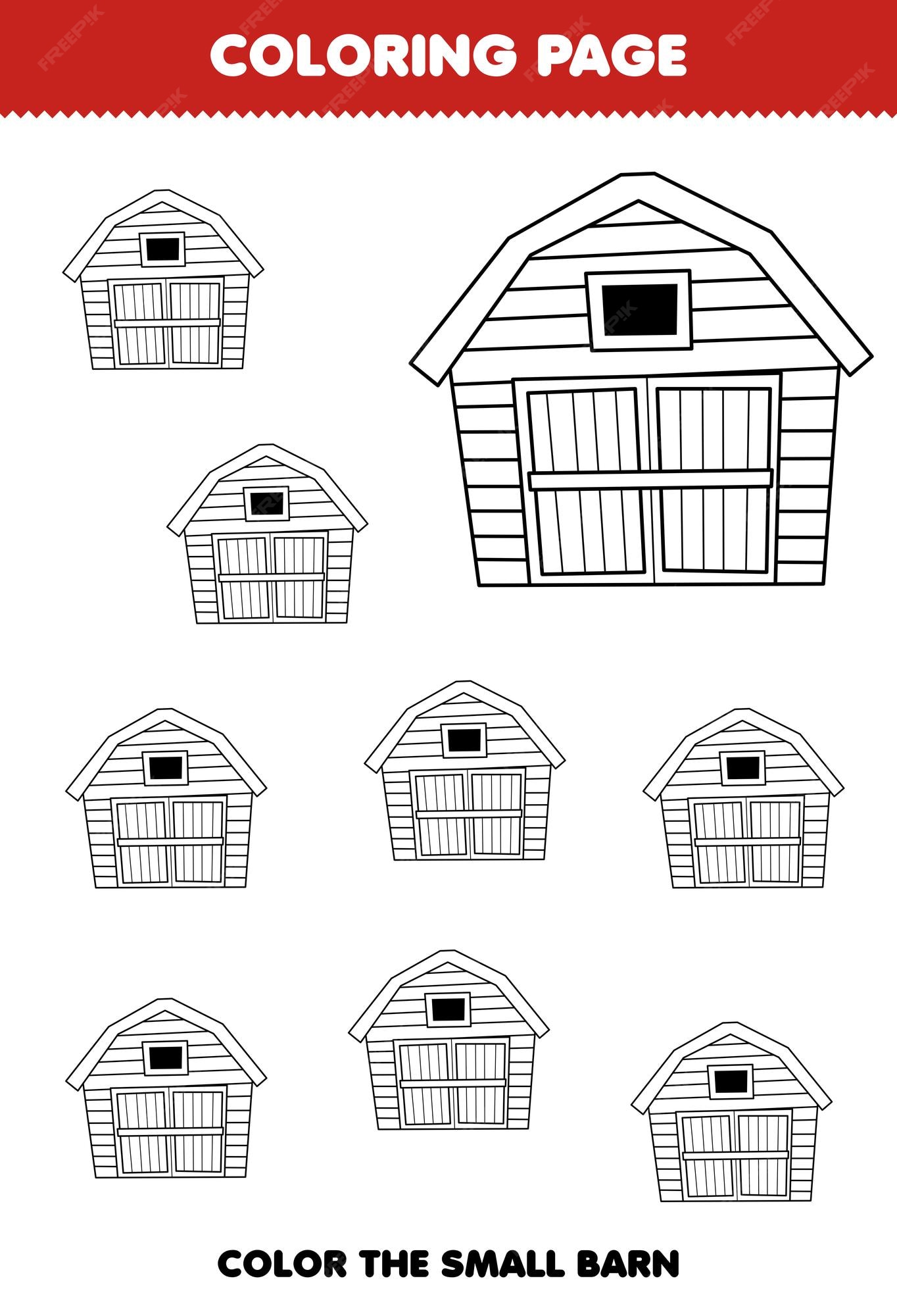 Premium vector education game for children coloring page big or small picture of cute cartoon barn line art printable farm worksheet