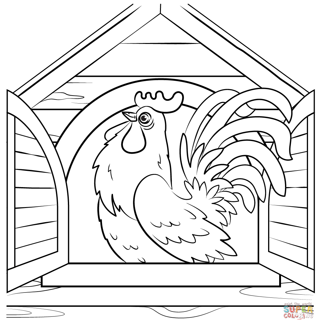 Cockerel at the barn window coloring page free printable coloring pages