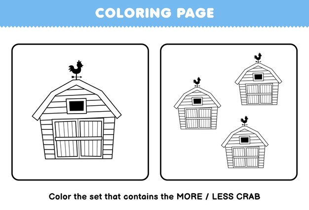 Premium vector education game for children coloring page more or less picture of cute cartoon barn line art set printable farm worksheet