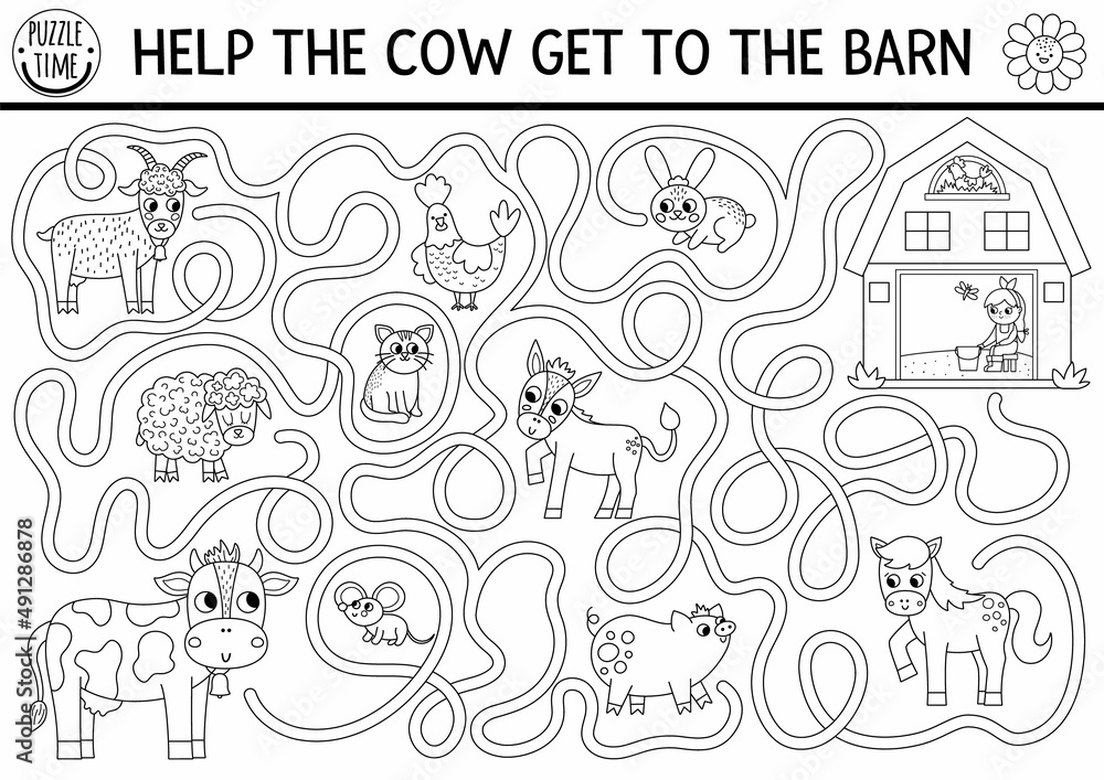 Black and white farm maze for kids with animals and cottage shed country side line preschool