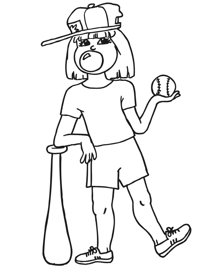 Printable baseball coloring page girl blowing bubble