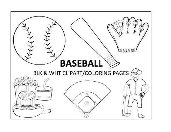 Baseball coloring pages black white clipart digital download png files download now