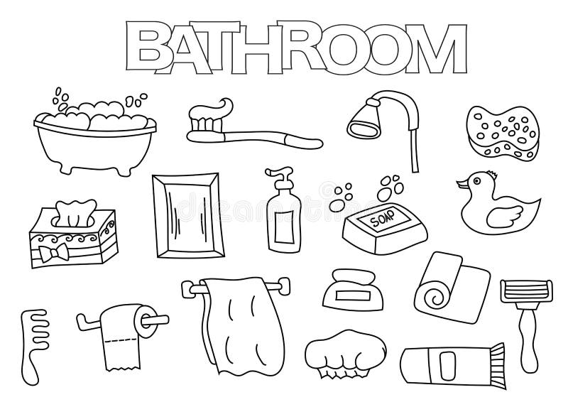 Bathroom elements hand drawn set coloring book template stock vector