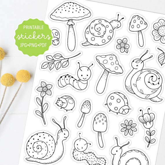 Cute bugs snails and flowers coloring printable stickers cute decorative stickers print color and cut sticker sheet digital download