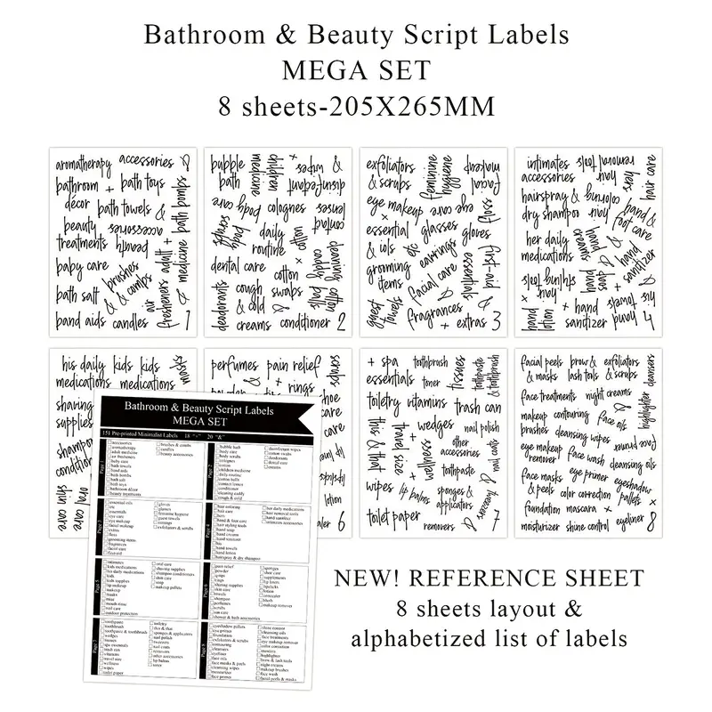 Preprinted bathroom labels for containers black on clear