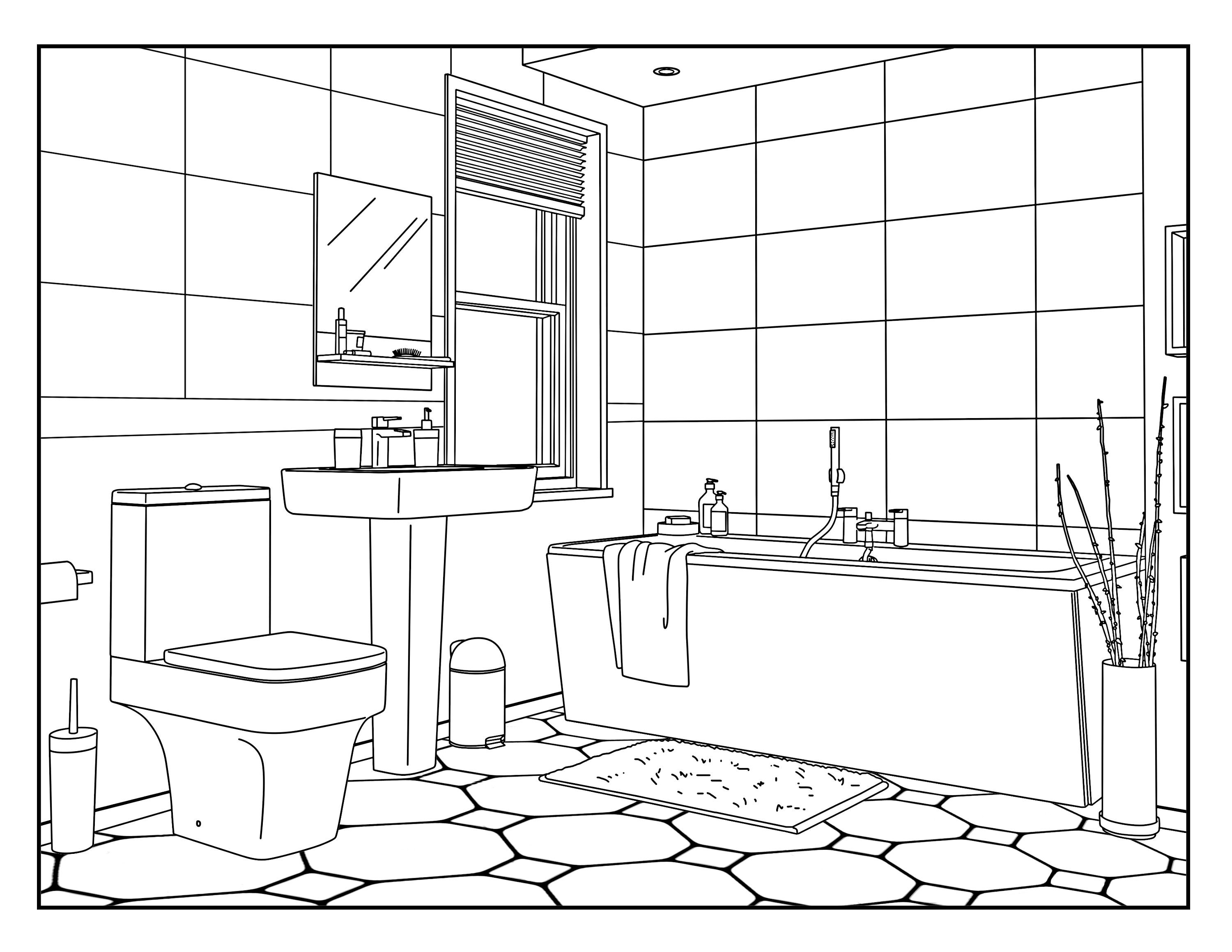 Bathroom around the house coloring pages for adults printable coloring page instant download pdf