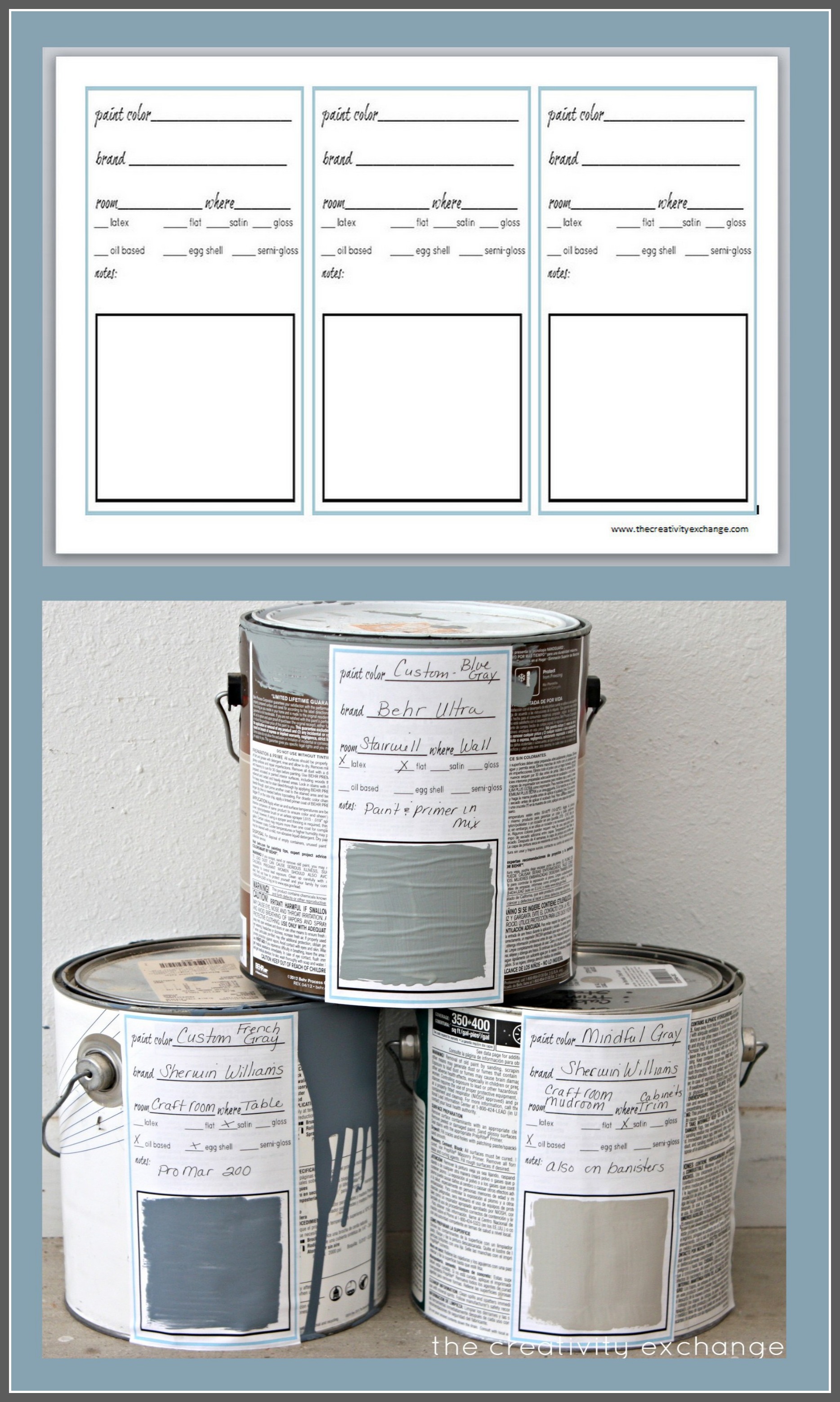 Printable labels for paint cans and color binder sheets