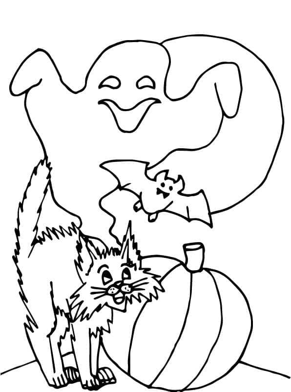 Halloween cat ghost and bat coloring page