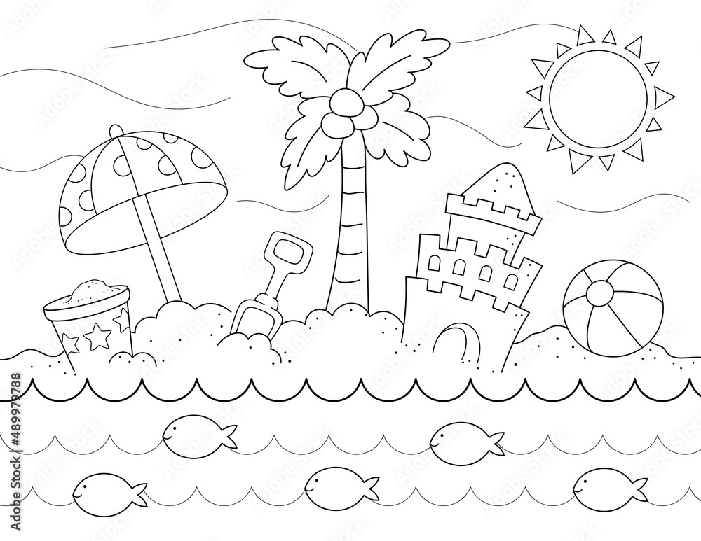 Summer coloring page for kids sunny day at the beach to play with a beach ball