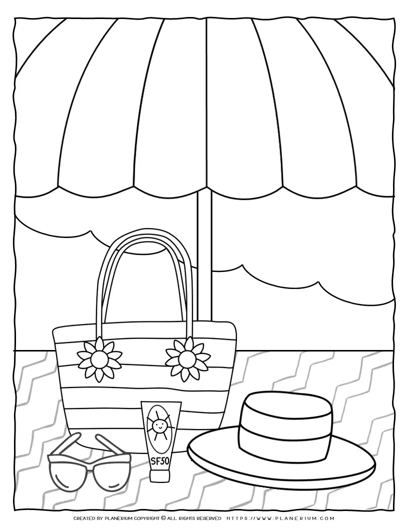 Beach scene coloring page printable for kids