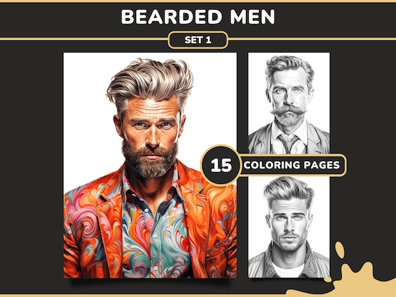 Bearded men coloring pages set grayscale coloring book pdf digital download printable coloring sheets for adults instant download