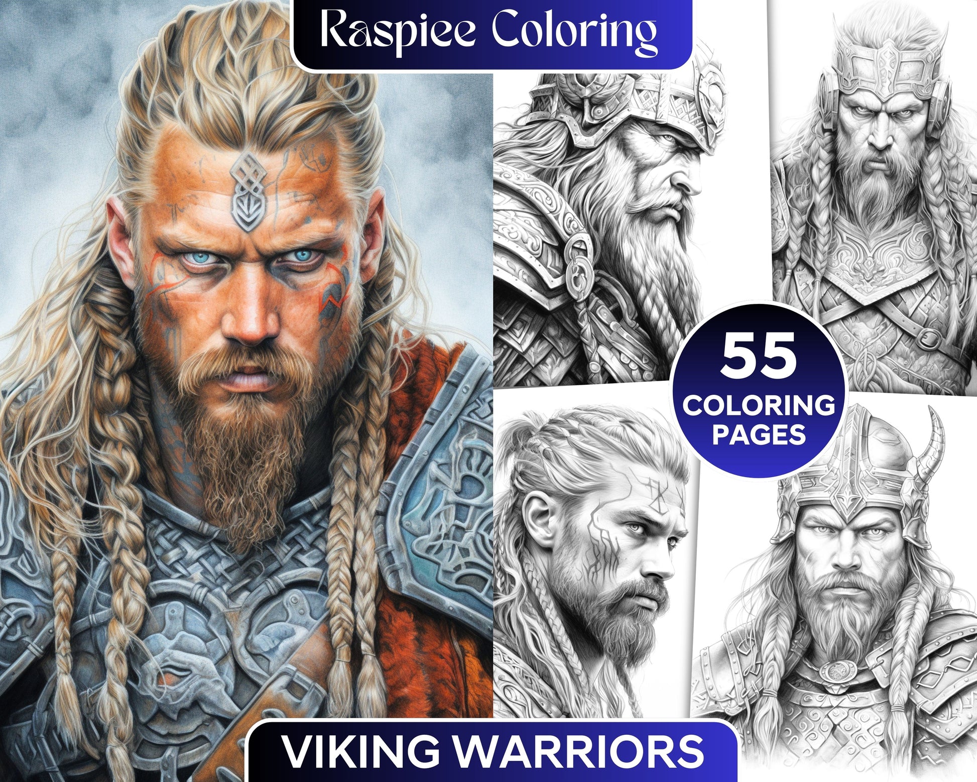 Viking warriors portrait grayscale coloring pages printable for adu â coloring