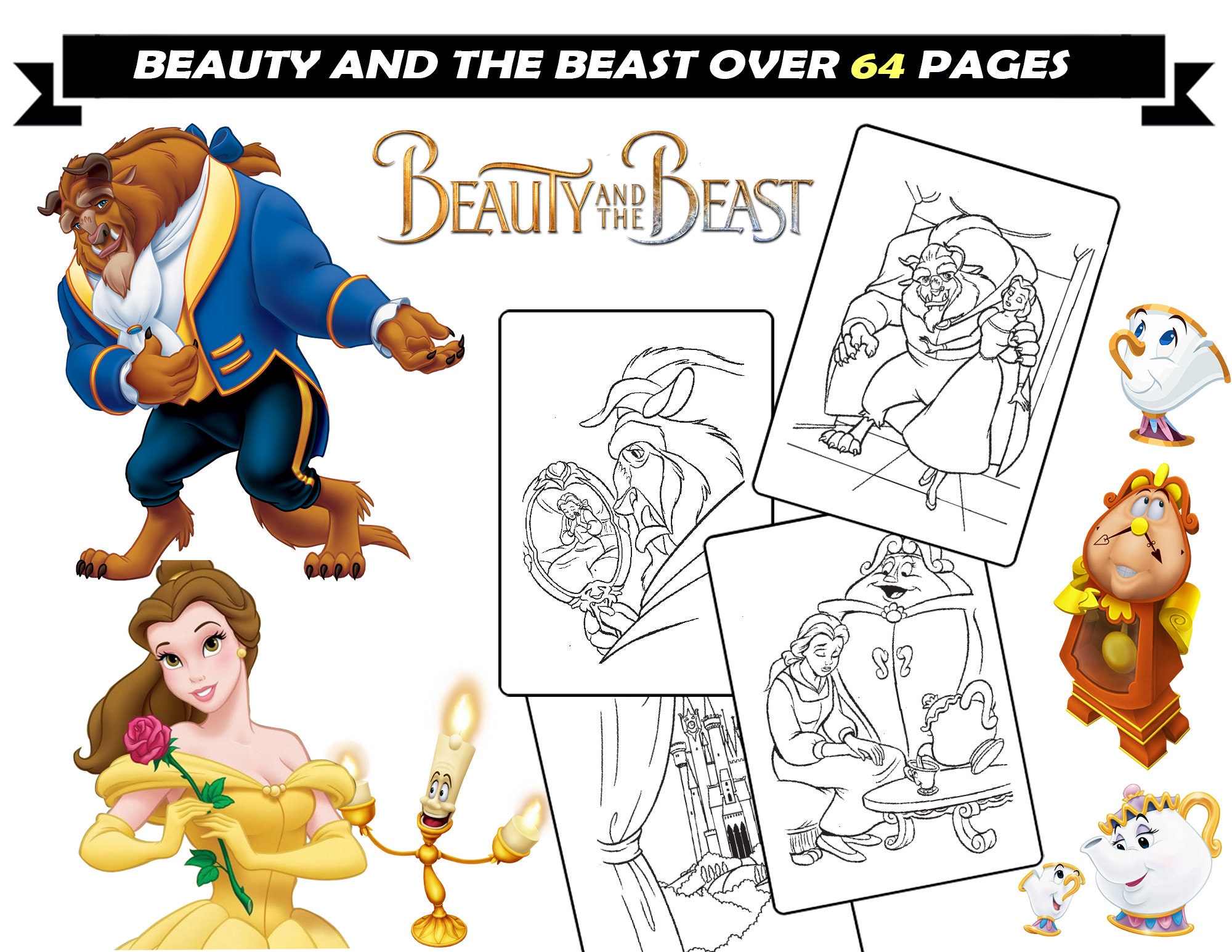 Beauty and the beast coloring pages for girls belle beast cartoon characters printable coloring book instant download coloring sheets