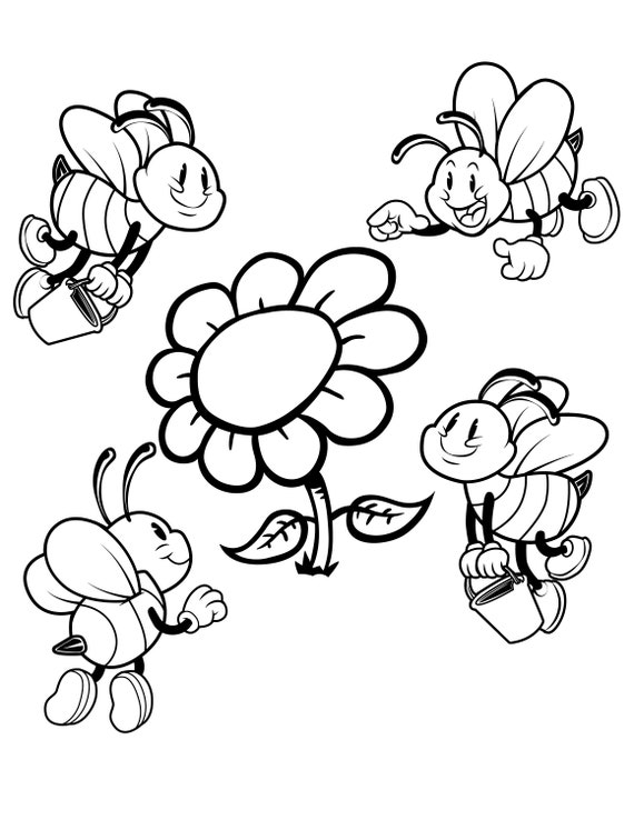 Bee coloring page bees printable digital download flower and bees