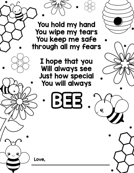 Bee coloring page special card printable mothers day fathers day birthday preschool kindergarten toddler coloring page bees