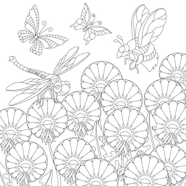 Spring coloring page of insects and dandelion flowers stock illustration