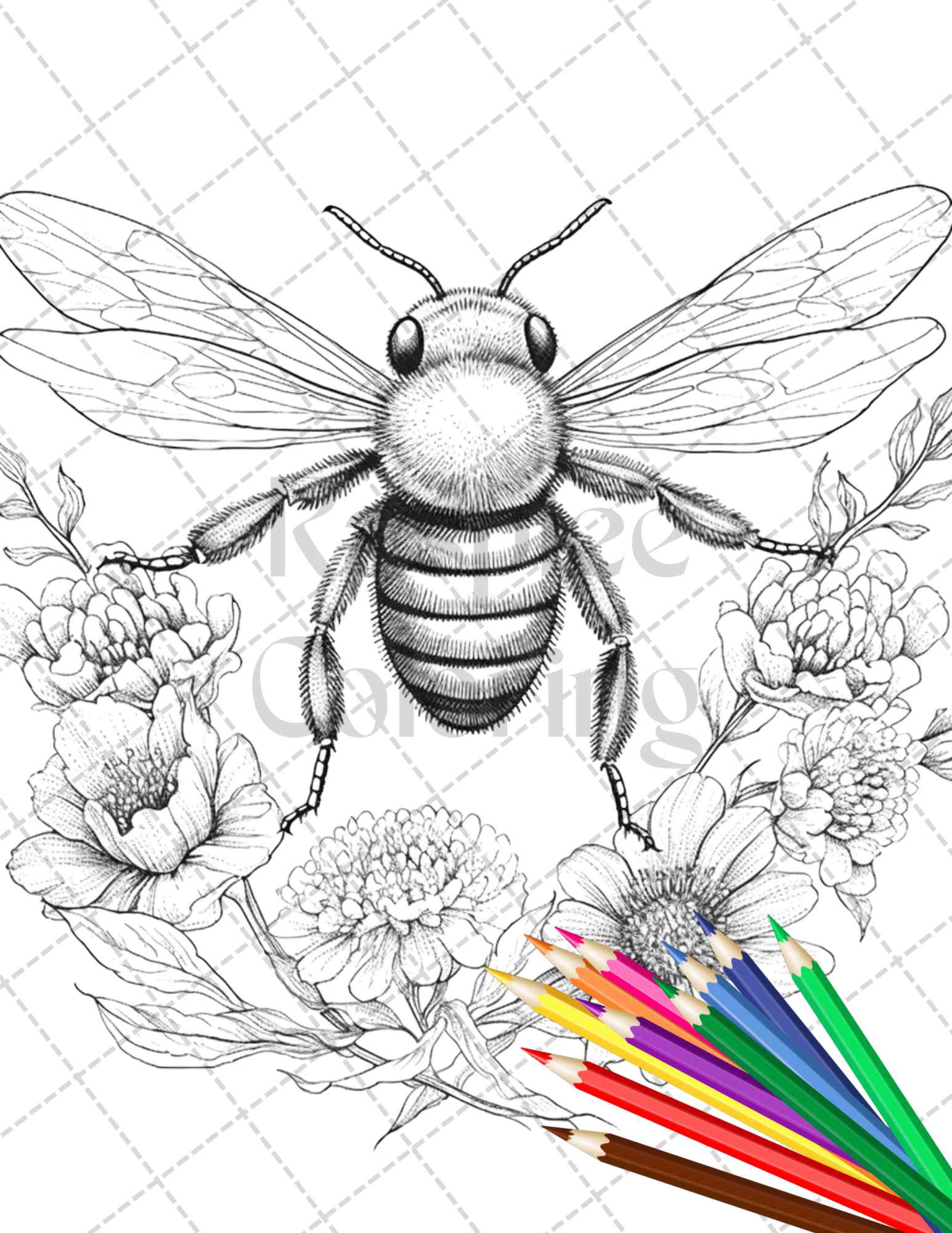 Vintage botanical bee grayscale coloring pages printable for adults â coloring