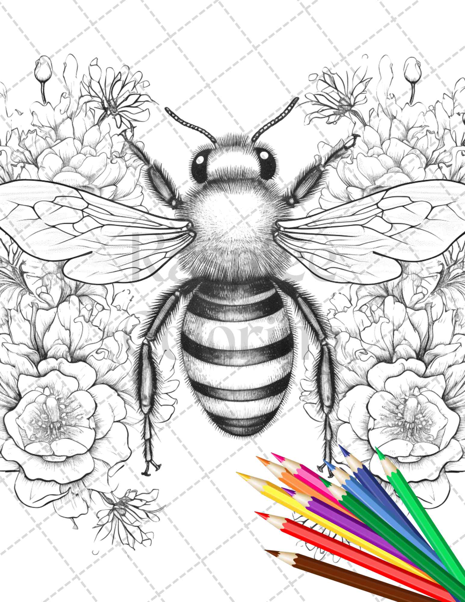 Vintage botanical bee grayscale coloring pages printable for adults â coloring