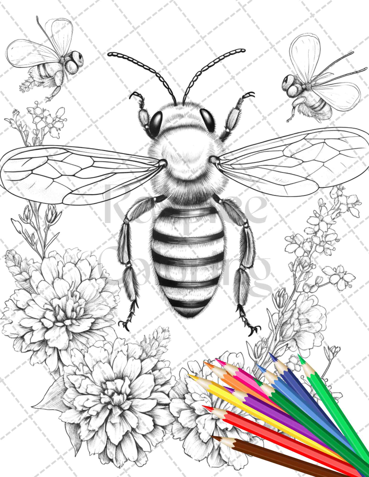 Vintage botanical bee grayscale coloring pages printable for adults â coloring