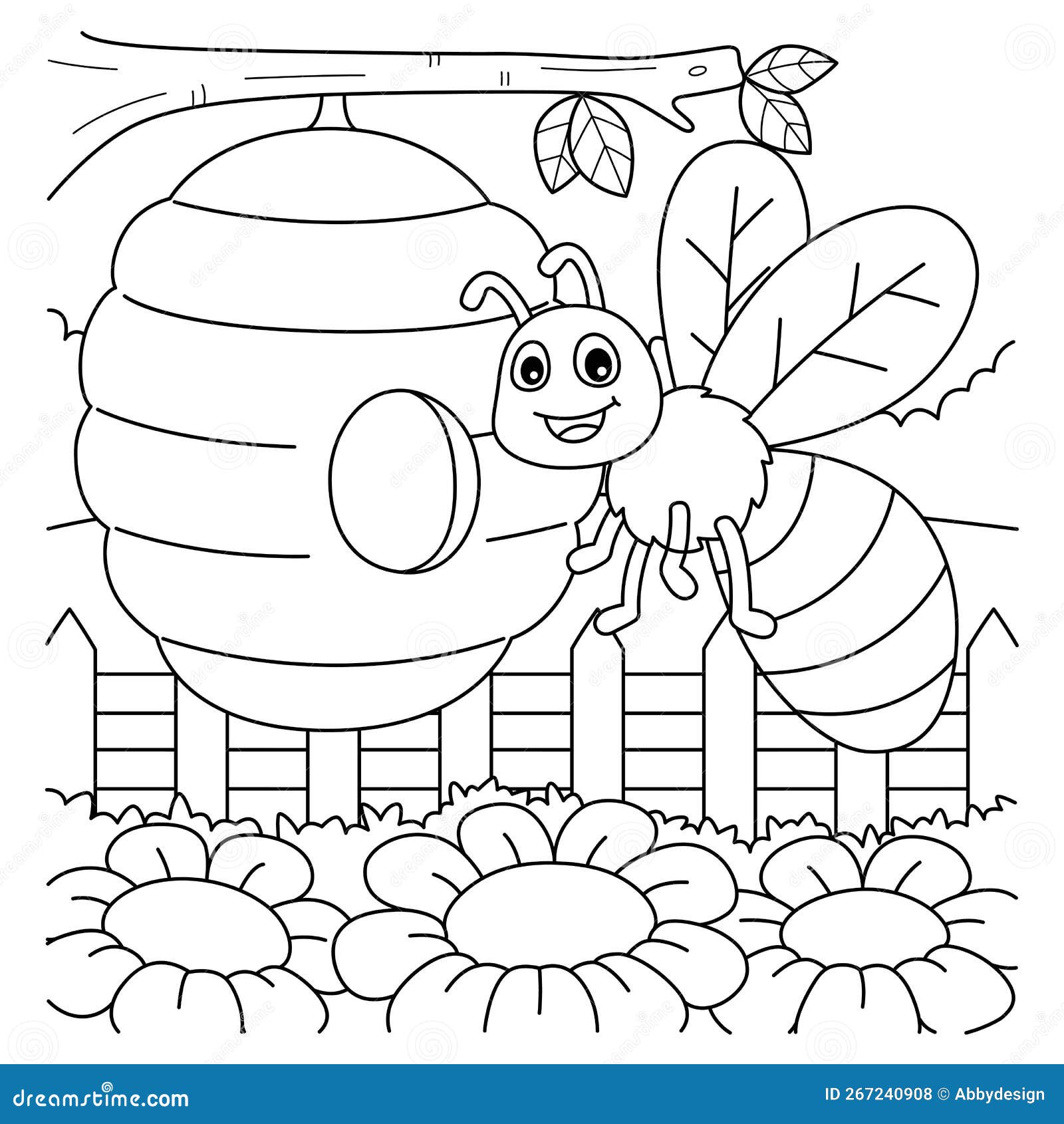 Spring bee with a beehive coloring page for kids stock vector