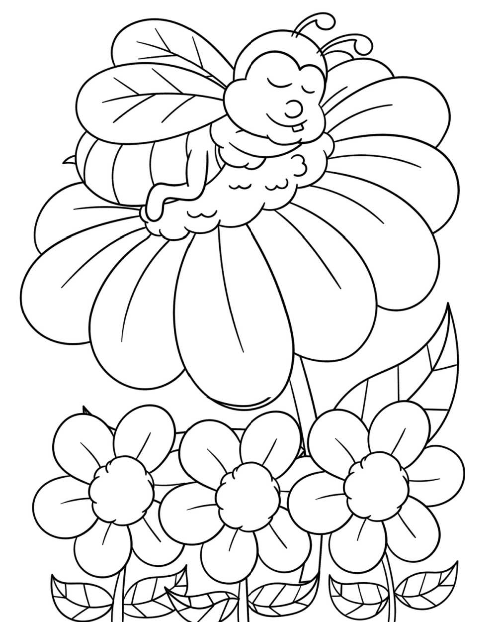 Honey bee napping on a flower coloring page