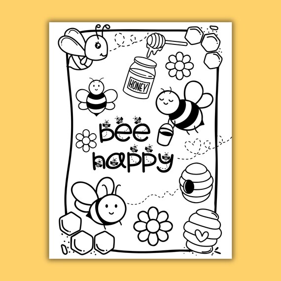 Printable bee coloring pages for kids bee happy bee kind bee yourself instant download