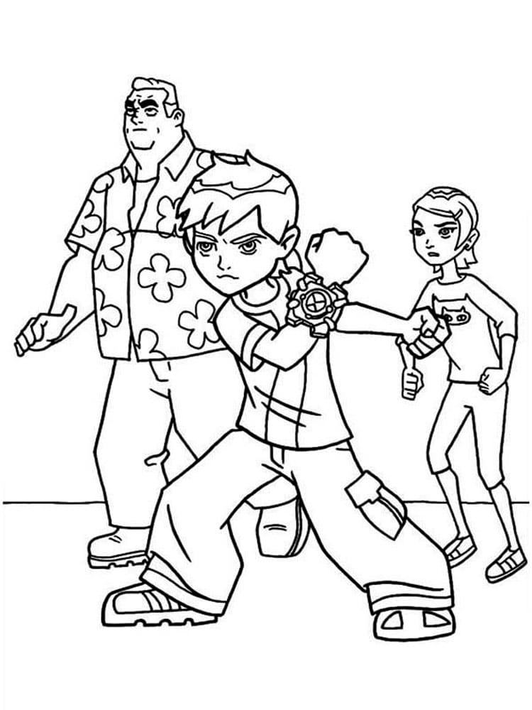 Ben ten characters standing together coloring page