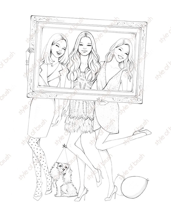 Best friends coloring page fashion illustration adult coloring page printable coloring page digital download