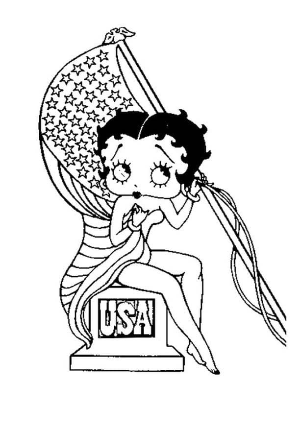 Betty boop with flag coloring page
