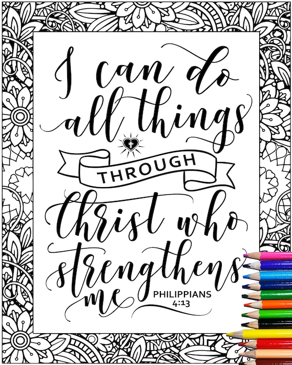 Philippians i can do all things through christ who strengthens me printable bible verse coloring scripture coloring page wall art