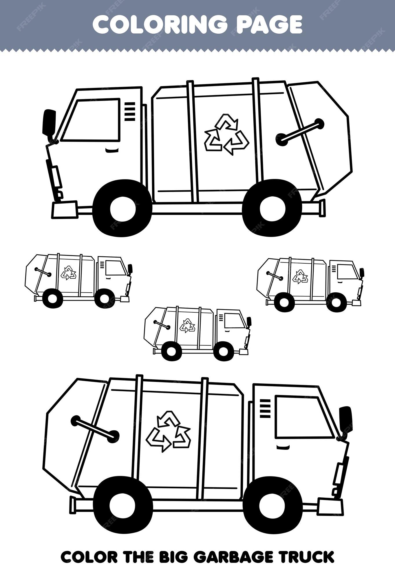 Premium vector education game for children coloring page big or small picture of cute cartoon garbage truck transportation line art printable worksheet