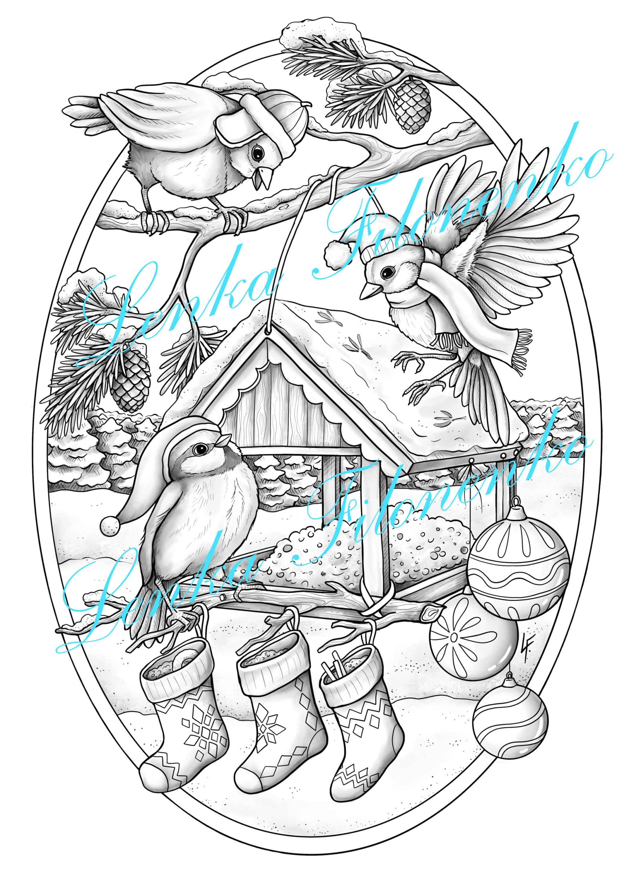 Christmas coloring page cute birds grey scale pdf download printable