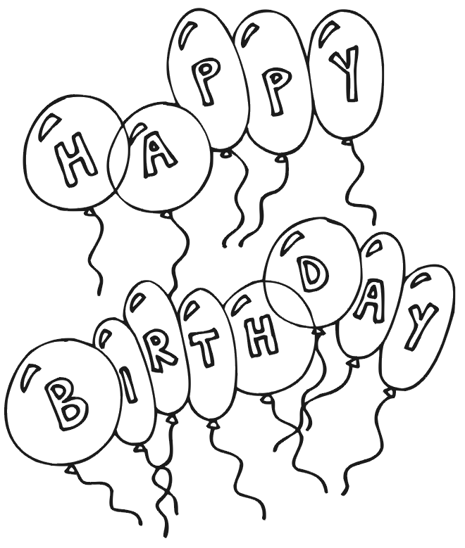 Birthday coloring page happy birthday written on balloons